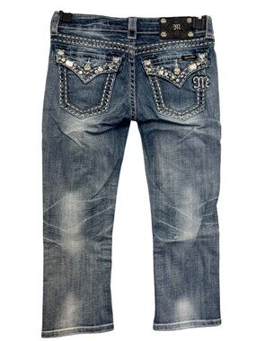 Miss Me Womens Cuff Capri Jeans Size 27 Distressed & Embellished Denim